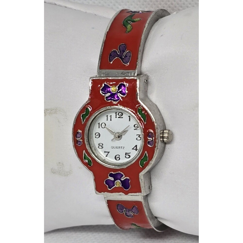 Women's Trendy Round Floral Red Silver Tone Cuff Bracelet Watch 13 - Picture 2 of 8